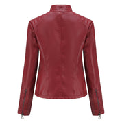 Women's Leather Jacket - Stand-Up Collar & Ribbed Details