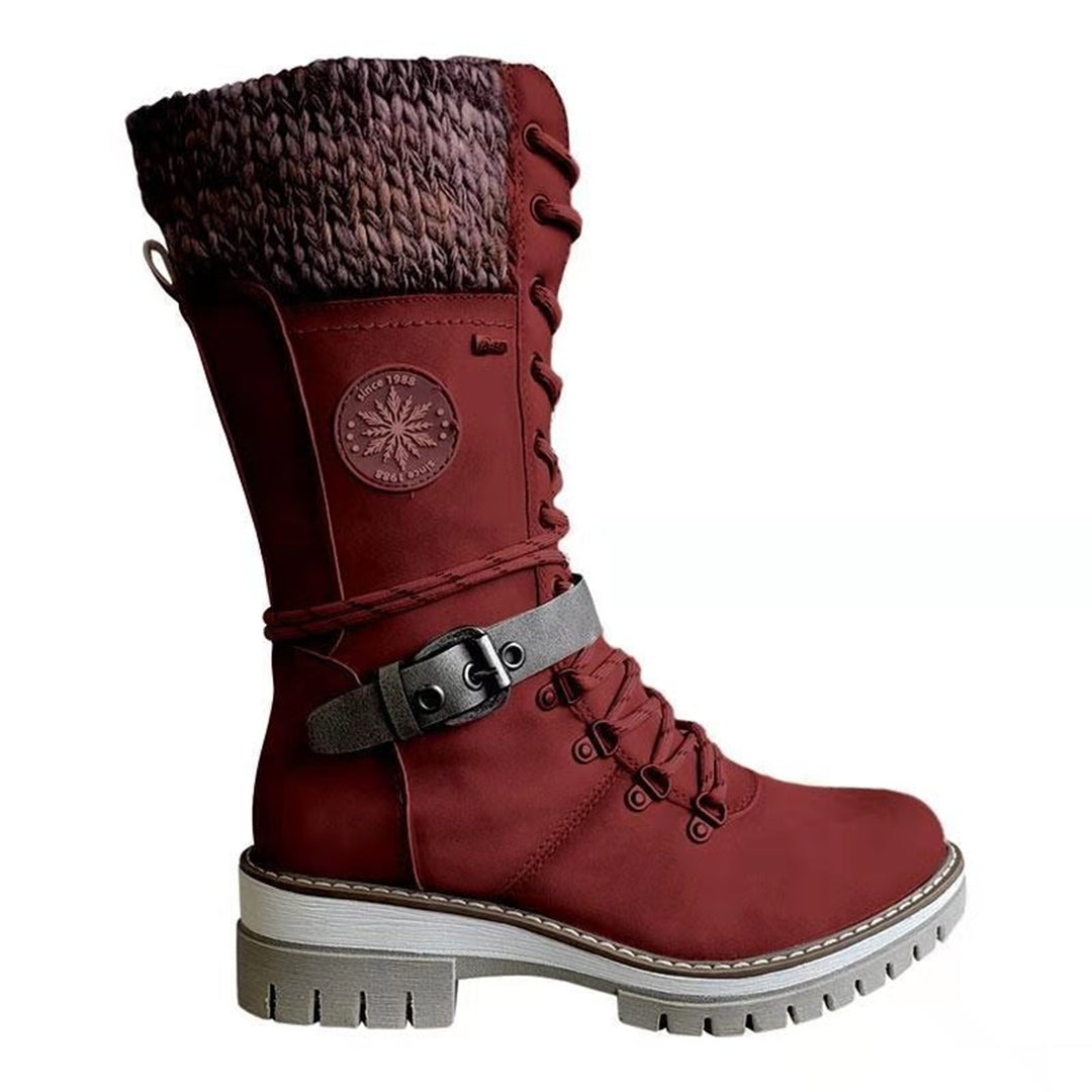 Women's Knee-High Boots - Lace-Up with Knit Cuff and Side Zip