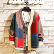 Men's Colour Block V-Neck Knit Cardigan - Casual Sweater