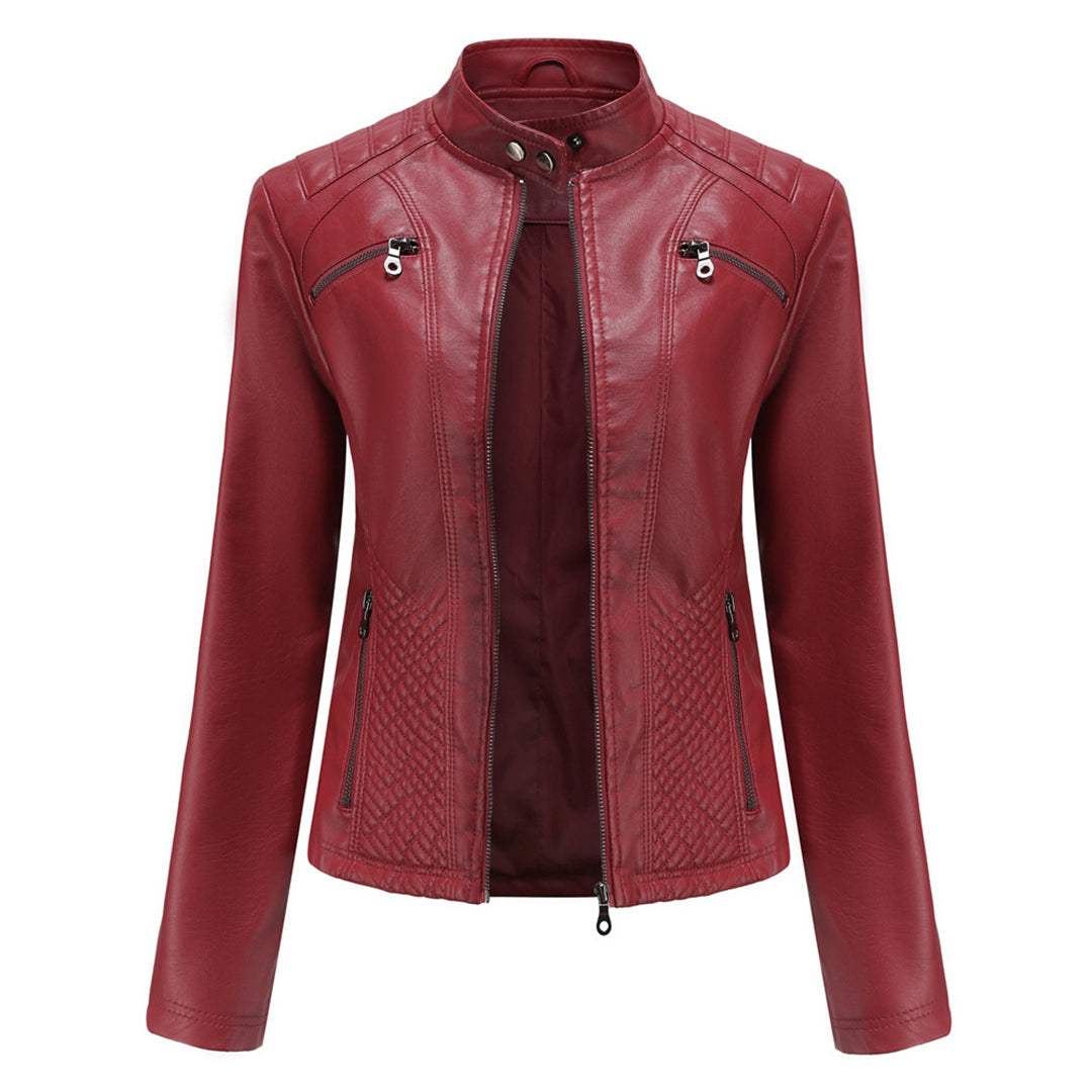 Women's Leather Jacket - Stand-Up Collar & Ribbed Details