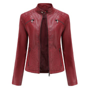 Women's Leather Jacket - Stand-Up Collar & Ribbed Details