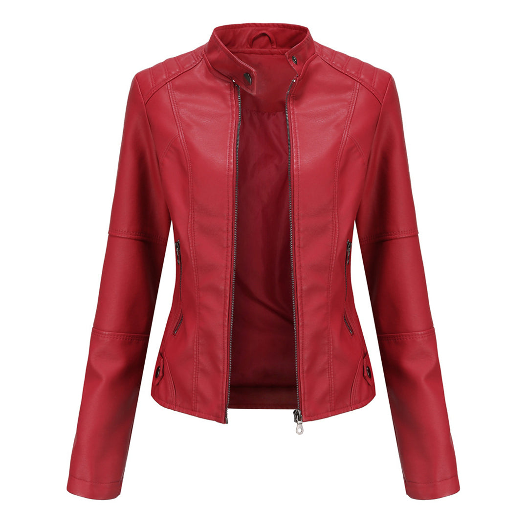 Women's Leather Jacket - Biker Style & Stand-Up Collar Detail