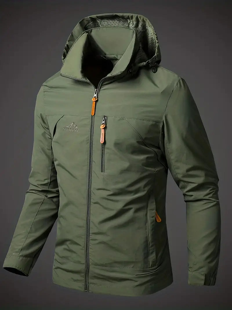 Men's Waterproof Hooded Jacket - Full-Zip with Zippered Pockets