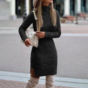Women's Knitted Mini Dress - Turtleneck & Slim Fit