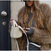 Women's Brown Winter Jacket - Fuzzy Texture with Long Sleeves Design.