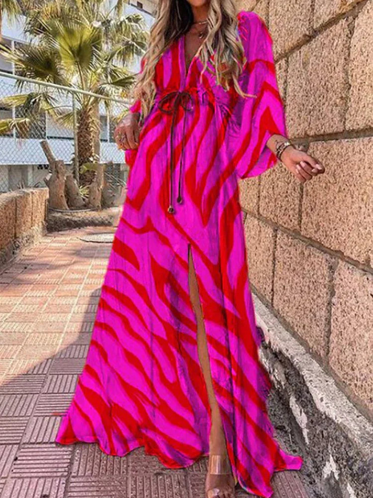 Colourful and Elegant Flowy Maxi Dress with Kimono Sleeves for Women