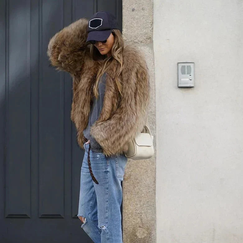 Women's Brown Winter Jacket - Fuzzy Texture with Long Sleeves Design.