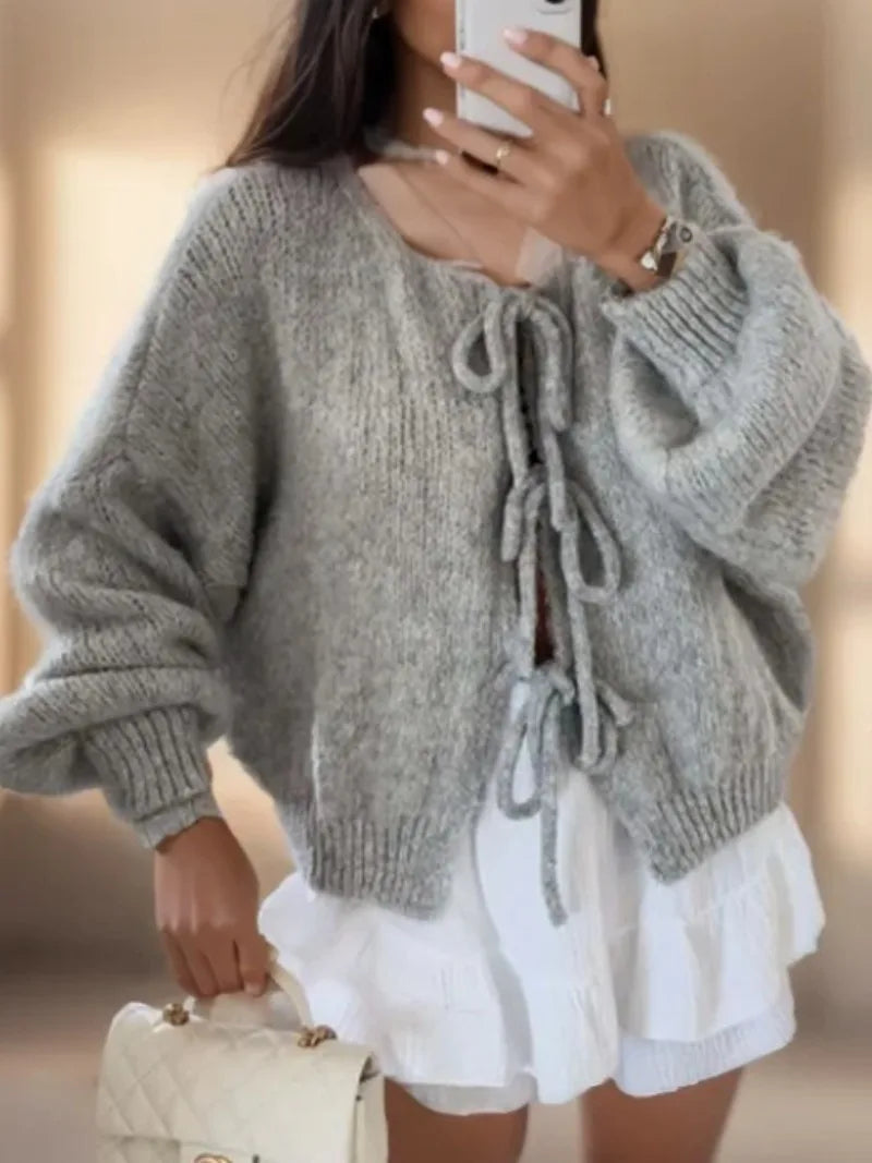 Women's Knitted Cardigan - Tie-Front Closure and Balloon Sleeves