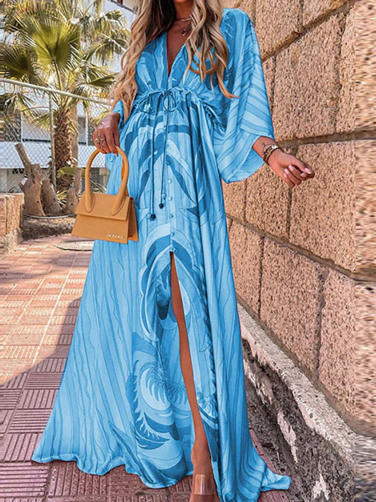 Colourful and Elegant Flowy Maxi Dress with Kimono Sleeves for Women