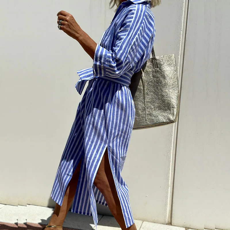 Women's Striped Long Sleeve Shirt Dress - Casual Office Elegant