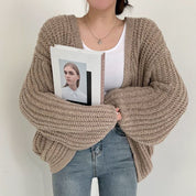 Women's Chunky Knit Cardigan - Balloon Sleeve & Open Front