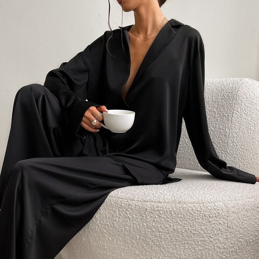 Women's Pyjama Set - Wide-Leg Trousers & Button-Down Shirt