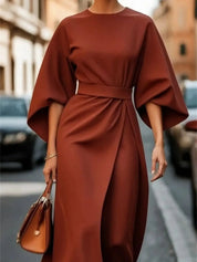 Elegant A-Line Maxi Dress with Belted Waist and Bell Sleeves for Women