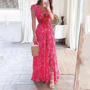 Wedding Guest Dress, Floral Ruffle Maxi Dress, Red Blue Pink