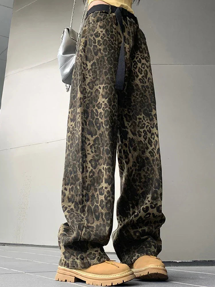 Women's Vintage Leopard Print Wide Leg Jeans - Streetwear Hip Hop