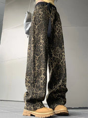 Women's Vintage Leopard Print Wide Leg Jeans - Streetwear Hip Hop