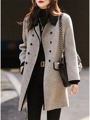 Women's Grey Winter Coat - Double-Breasted with Black Trim