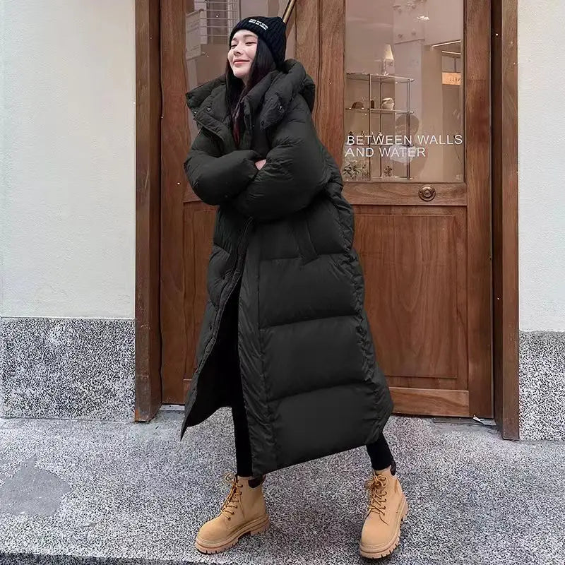 Women's Winter Puffer Coat - Longline Maxi with Detachable Hood Design
