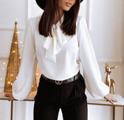 Women's Bow Tie Blouse - High Neck & Long Sleeve for Work