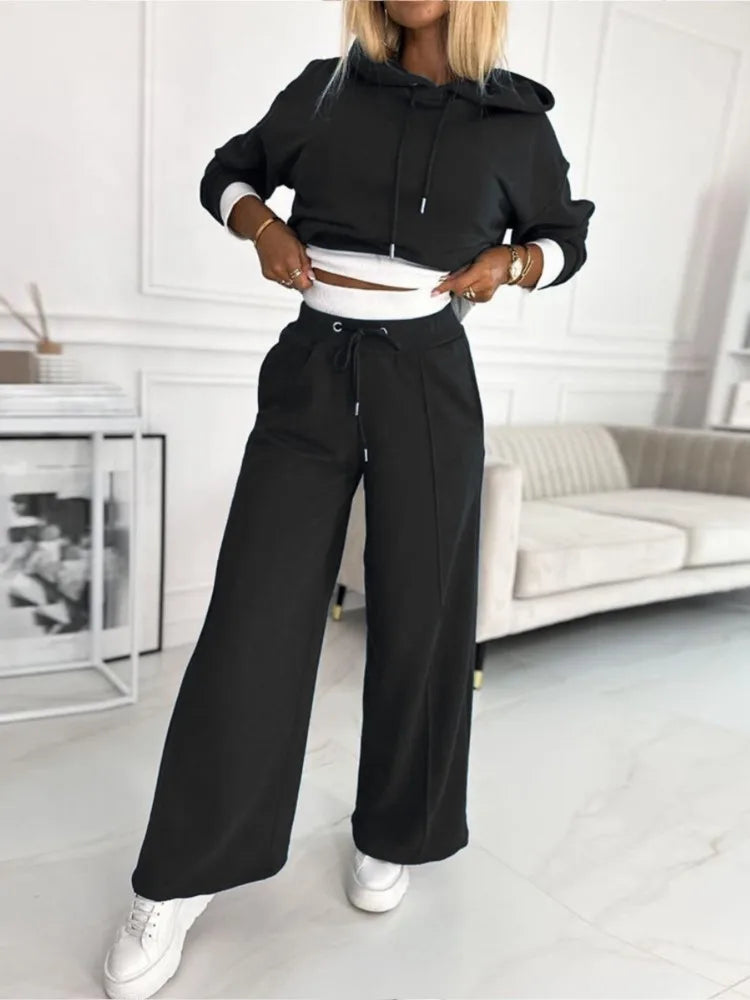 Women's Two Piece Set - Hooded Top and Drawstring Trousers