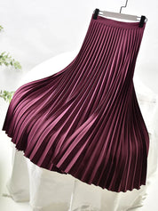 Women's Pleated Midi Skirt - Elastic Waist Detail