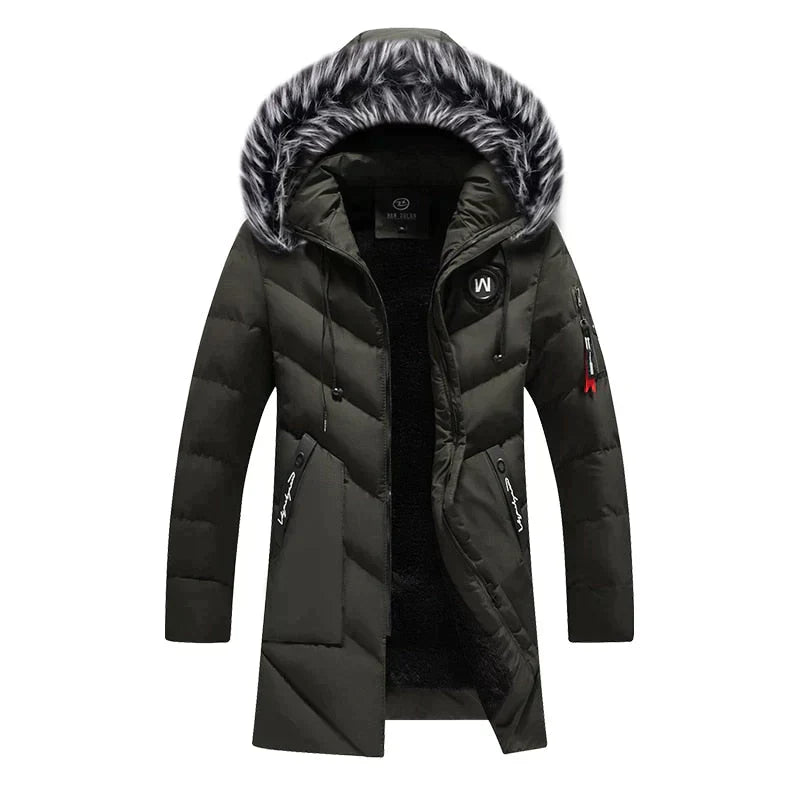 Men's Winter Long Parka - Fluffy Trim Hooded Design