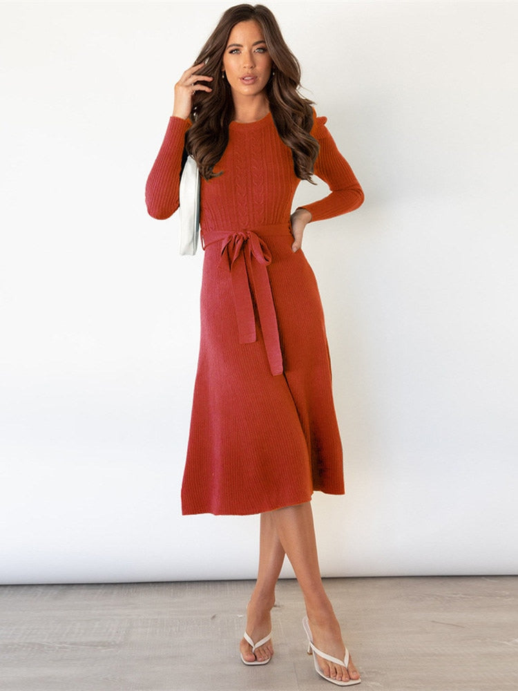 Women's Knitted Dress - Puff Sleeves with Self-Tie Belt