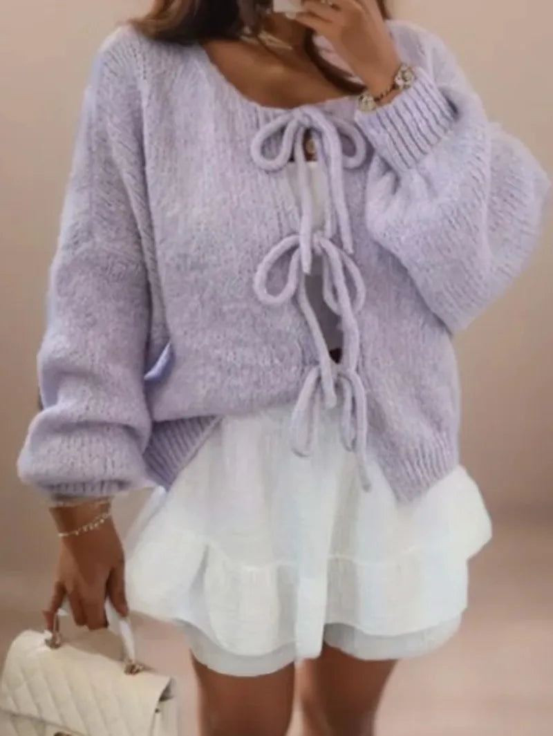 Women's Knitted Cardigan - Tie-Front Closure and Balloon Sleeves