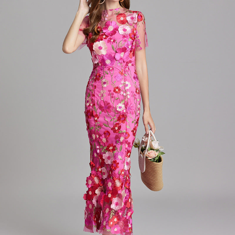 Women's Elegant Embroidered Midi Dress - Sleeveless, Timeless Design