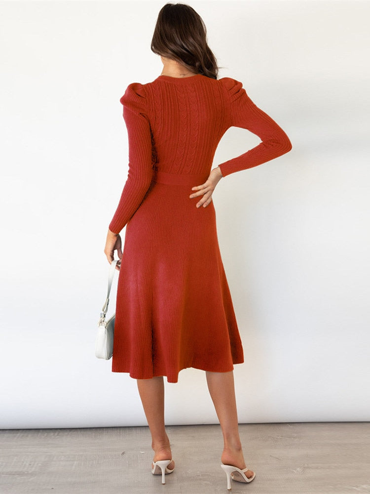 Women's Knitted Dress - Puff Sleeves with Self-Tie Belt
