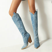 Women's Blue Knee High Boots - V-Cut Top with Block Heel and Pointed Toe