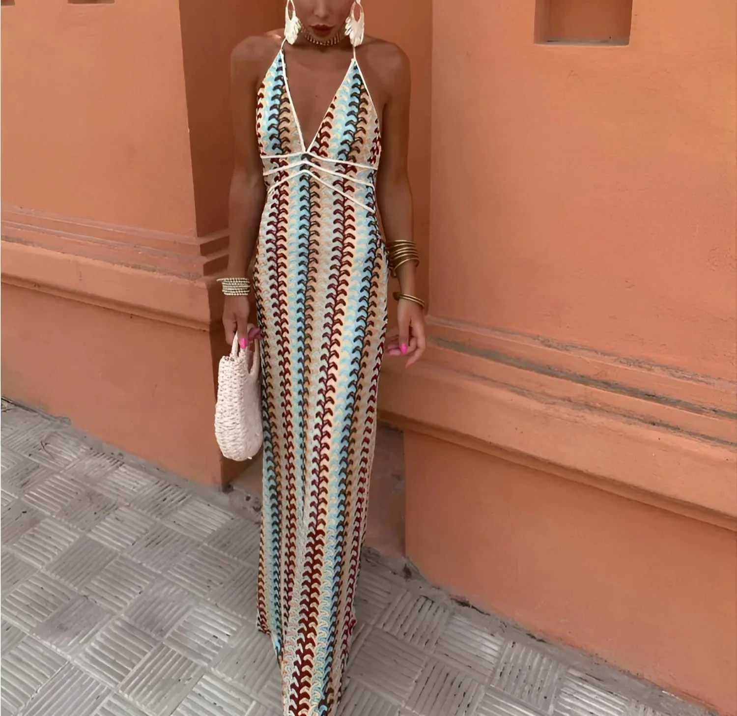 Colourful and Elegant Patterned Halter Neck Maxi Dress for Women