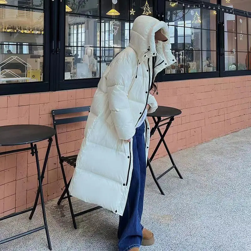 Women's Winter Puffer Coat - Longline Maxi with Detachable Hood Design