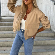 Women's Bomber Jacket - Button Closure with Flap Pockets