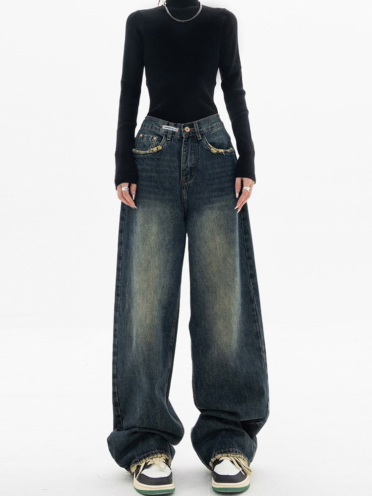 Women's Blue Grey Baggy Wide-Leg Jeans - High-Rise Fit