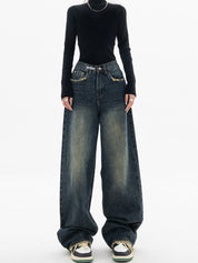 Women's Blue Grey Baggy Wide-Leg Jeans - High-Rise Fit