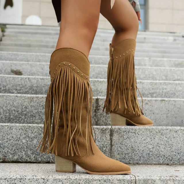 Women's Elegant Cowboy Boots - Fringe & Square Heel
