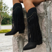 Women's Elegant Cowboy Boots - Fringe & Square Heel