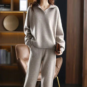 Women's Two Piece Set - Polo Neck Jumper with Wide Leg Trousers