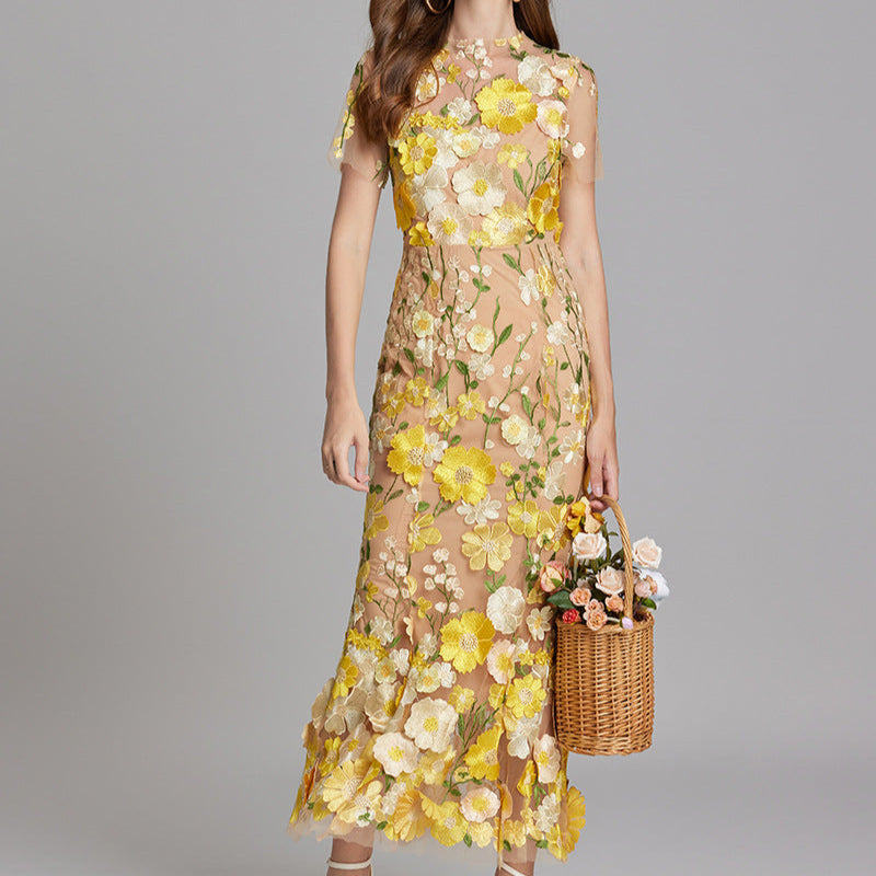 Women's Elegant Embroidered Midi Dress - Sleeveless, Timeless Design