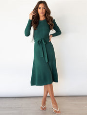 Women's Knitted Dress - Puff Sleeves with Self-Tie Belt