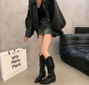 Women's Knee-High Boots - Slouch Shaft Pull-On with Low Block Heel