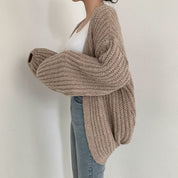 Women's Chunky Knit Cardigan - Balloon Sleeve & Open Front