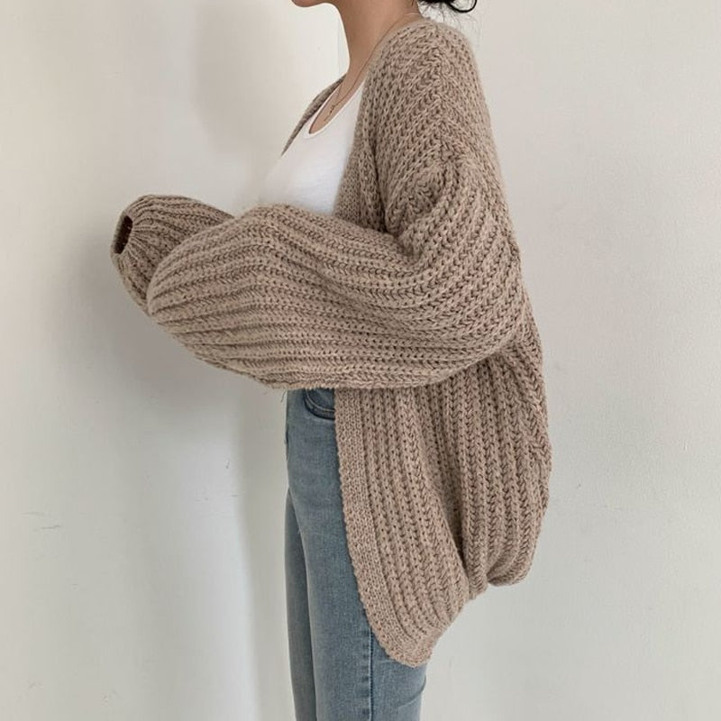 Women's Chunky Knit Cardigan - Balloon Sleeve & Open Front