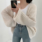 Women's Chunky Knit Cardigan - Balloon Sleeve & Open Front