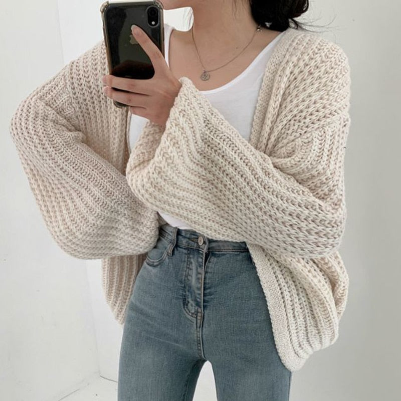 Women's Chunky Knit Cardigan - Balloon Sleeve & Open Front