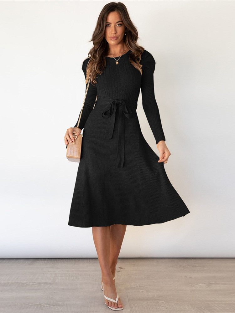 Women's Knitted Dress - Puff Sleeves with Self-Tie Belt
