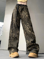 Women's Vintage Leopard Print Wide Leg Jeans - Streetwear Hip Hop