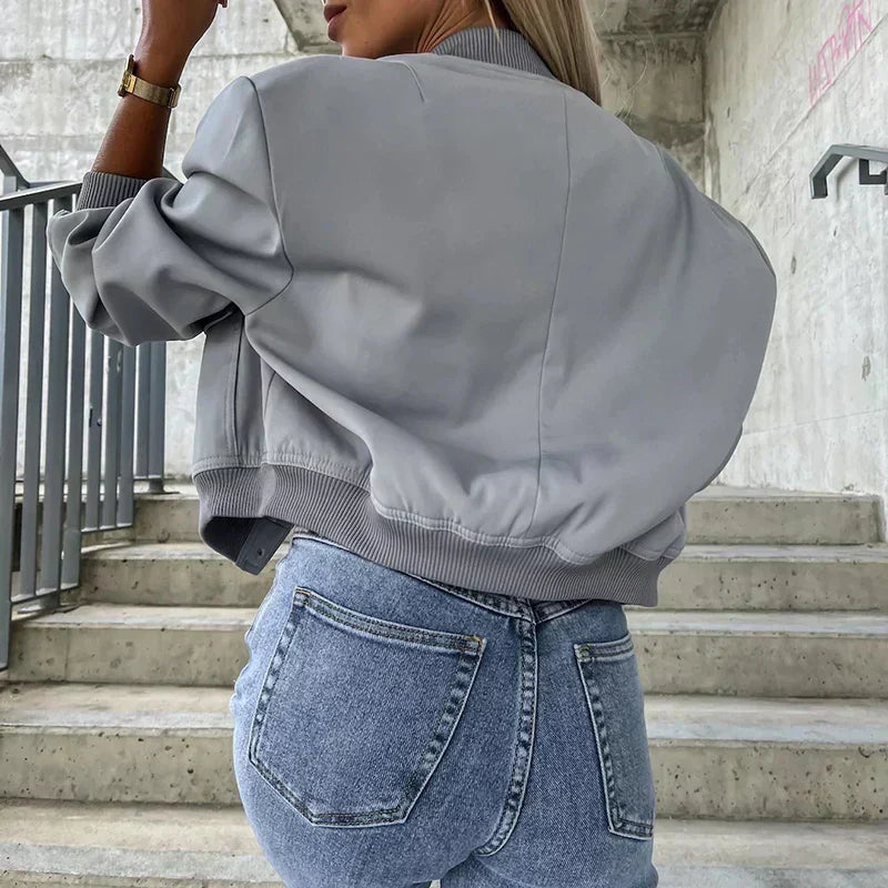 Women's Bomber Jacket - Button Closure with Flap Pockets
