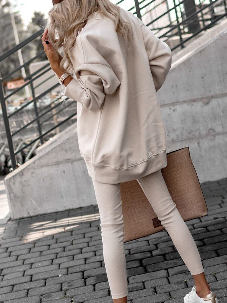 Women's Oversized Sweatshirt and Leggings Set - Crewneck & Dropped Shoulder